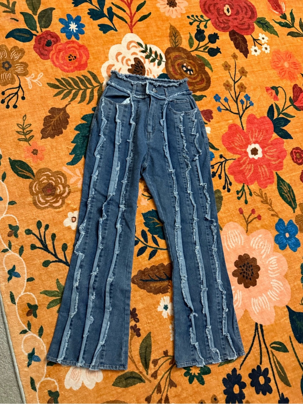 MACARON Blue Distressed Vertical-Stripe Flare Jeans